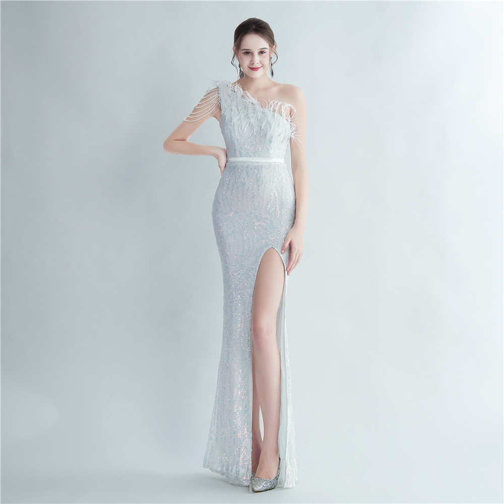 One Shoulder Feather Beads Chain Sequin Black Prom Dress