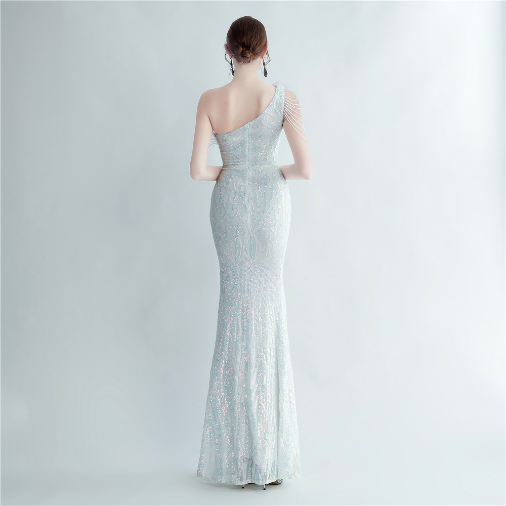 One Shoulder Feather Beads Chain Sequin Black Prom Dress