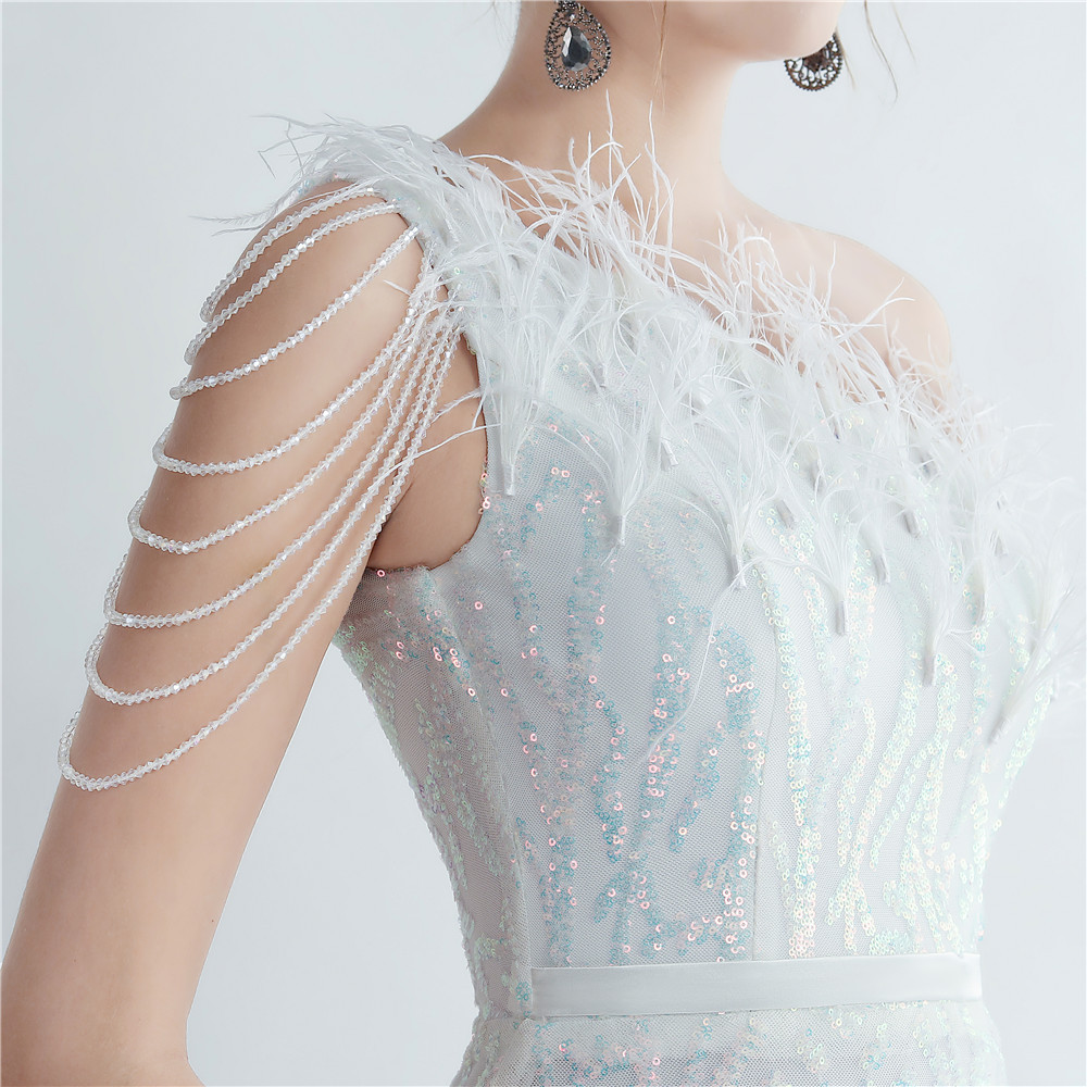 One Shoulder Feather Beads Chain Sequin Black Prom Dress