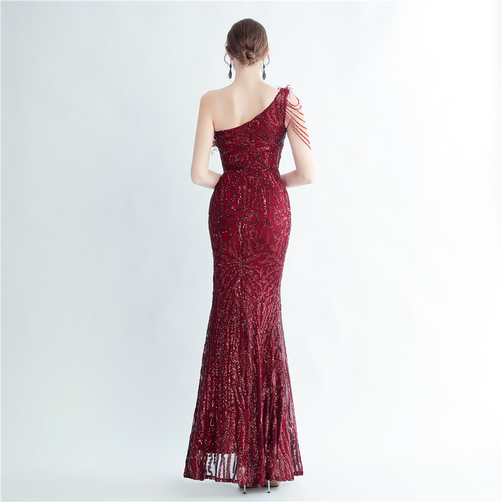 One Shoulder Feather Beads Chain Sequin Black Prom Dress