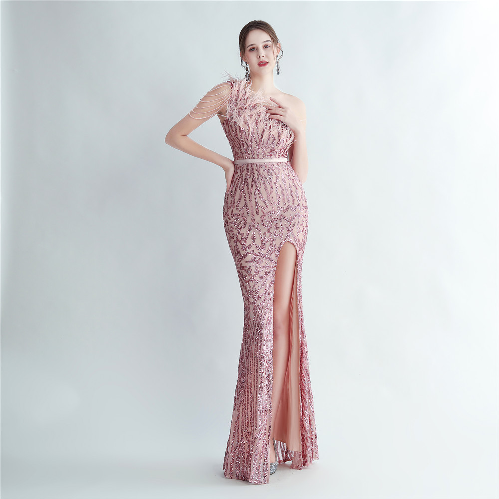 One Shoulder Feather Beads Chain Sequin Black Prom Dress