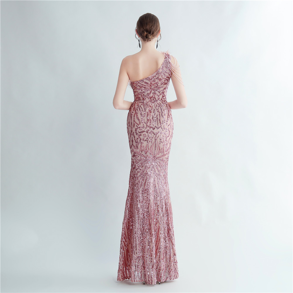 One Shoulder Feather Beads Chain Sequin Black Prom Dress