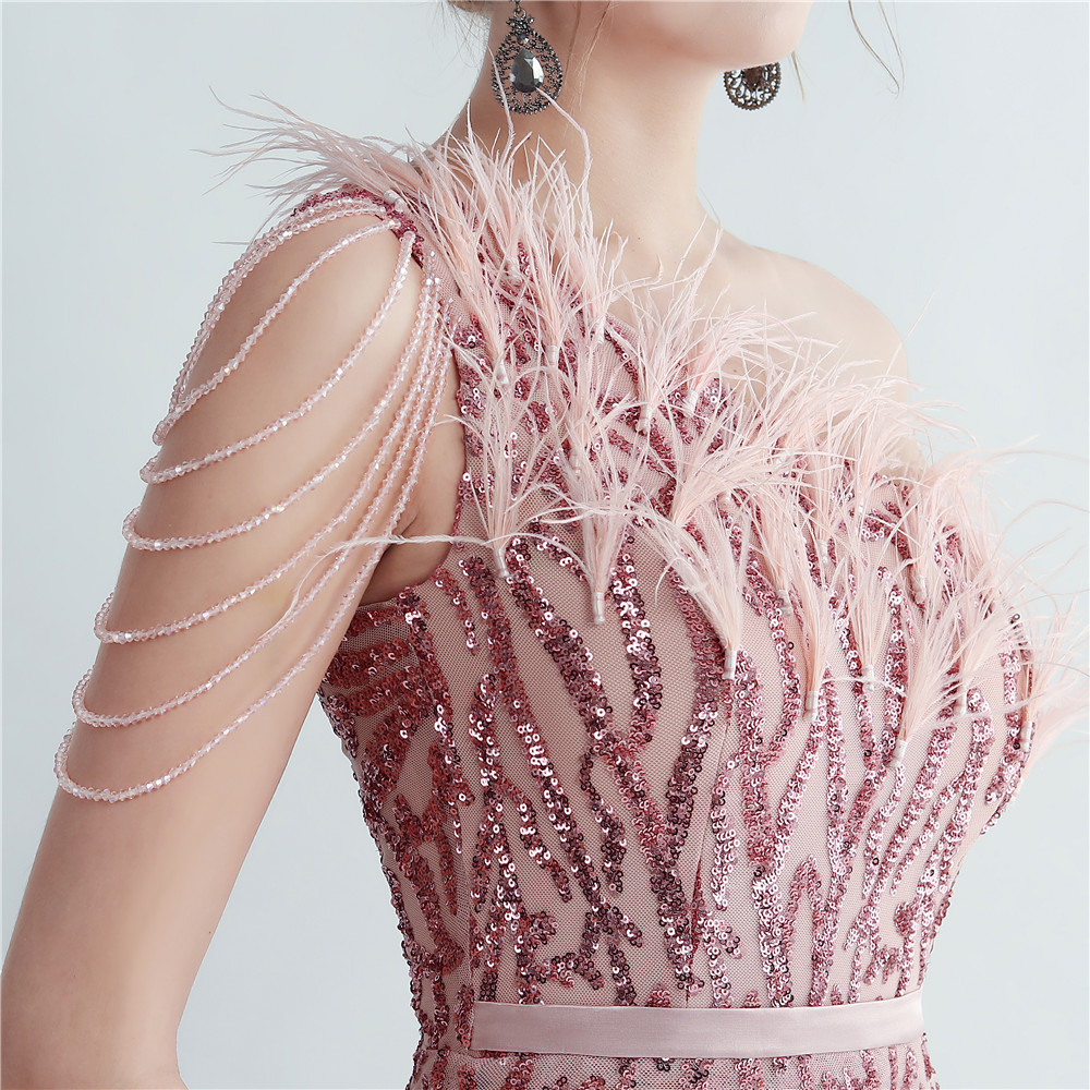 One Shoulder Feather Beads Chain Sequin Black Prom Dress