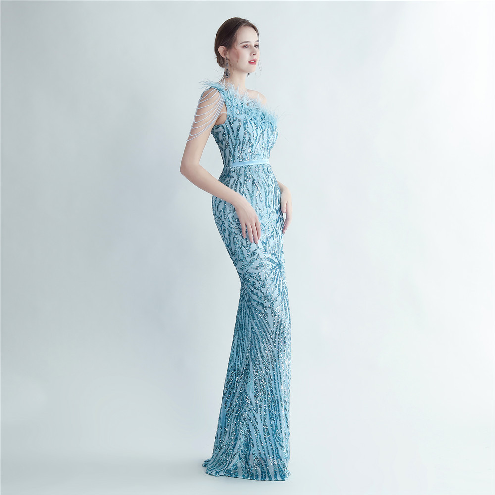 One Shoulder Feather Beads Chain Sequin Black Prom Dress