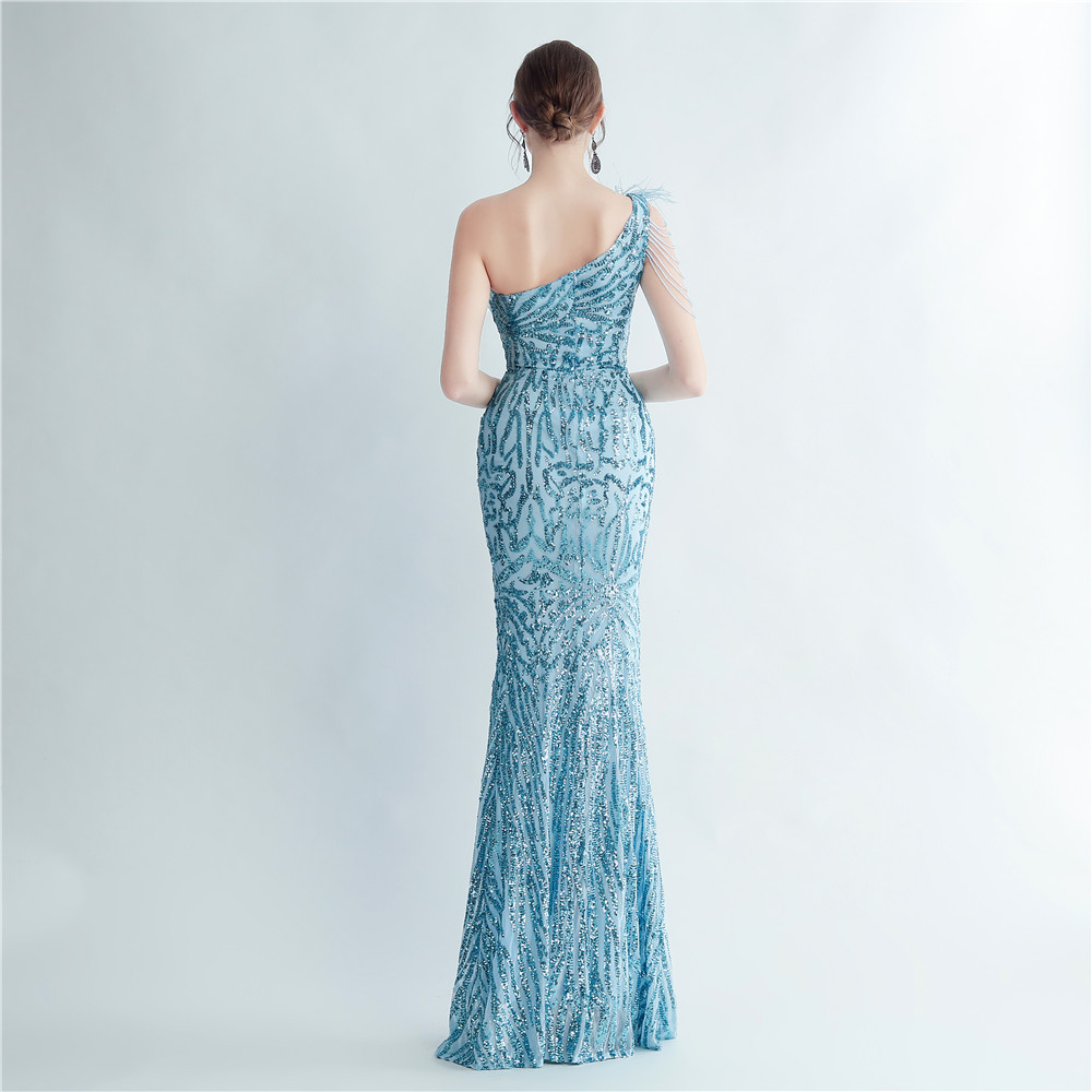 One Shoulder Feather Beads Chain Sequin Black Prom Dress