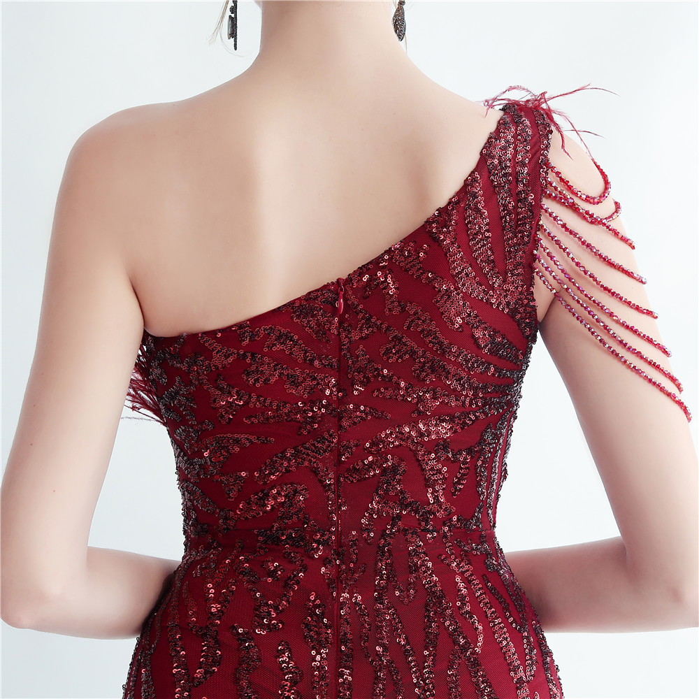 One Shoulder Feather Beads Chain Sequin Black Prom Dress