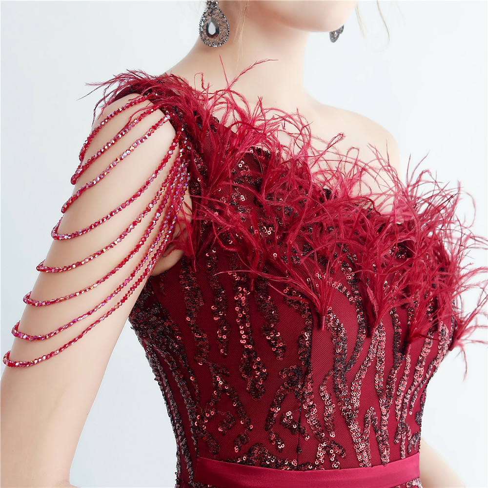 One Shoulder Feather Beads Chain Sequin Black Prom Dress