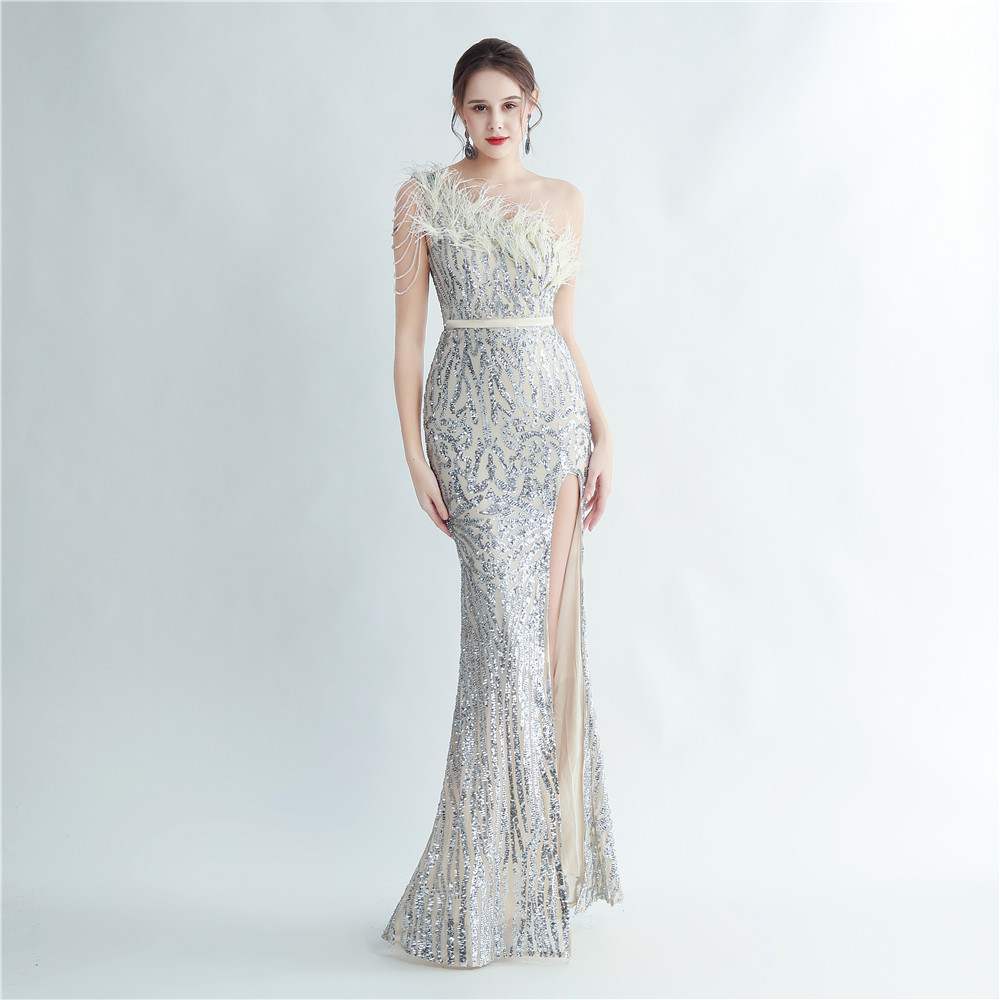 One Shoulder Feather Beads Chain Sequin Black Prom Dress