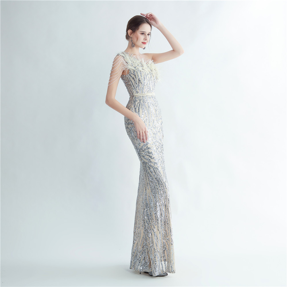 One Shoulder Feather Beads Chain Sequin Black Prom Dress