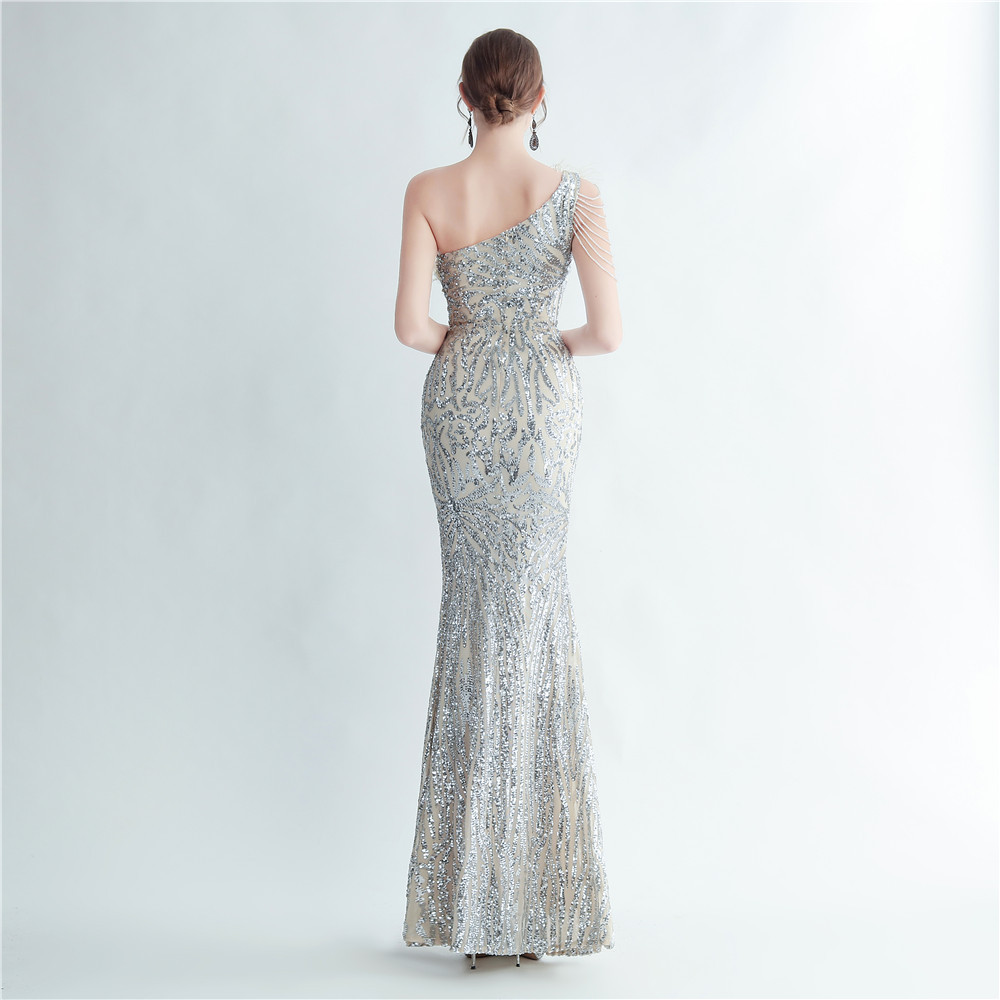 One Shoulder Feather Beads Chain Sequin Black Prom Dress