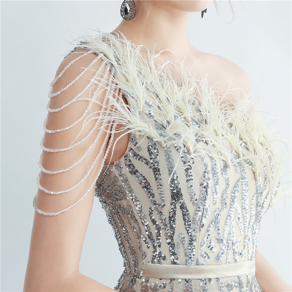 One Shoulder Feather Beads Chain Sequin Black Prom Dress