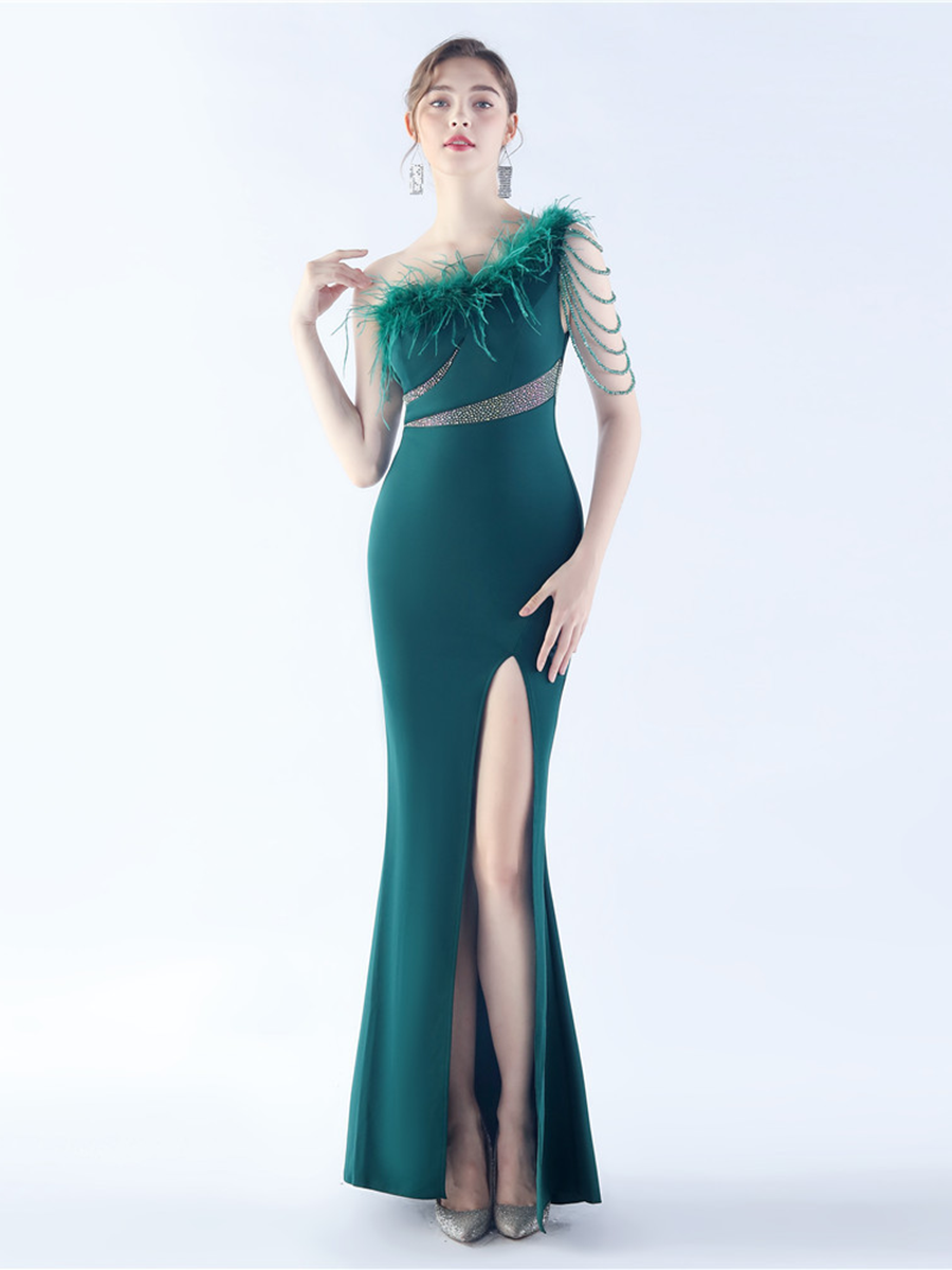 One Shoulder Beads Chain Feather Prom Dress