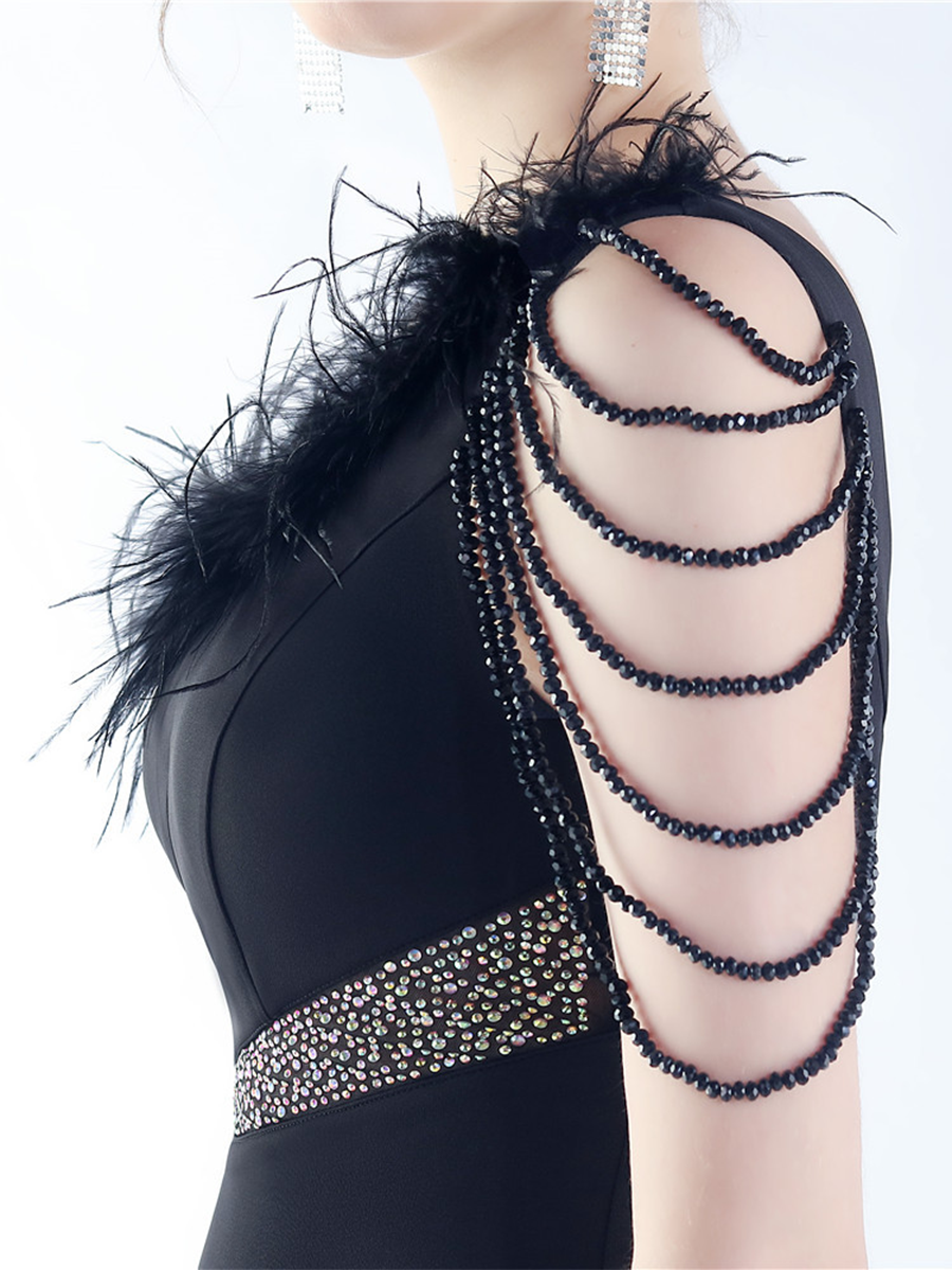 One Shoulder Beads Chain Feather Prom Dress