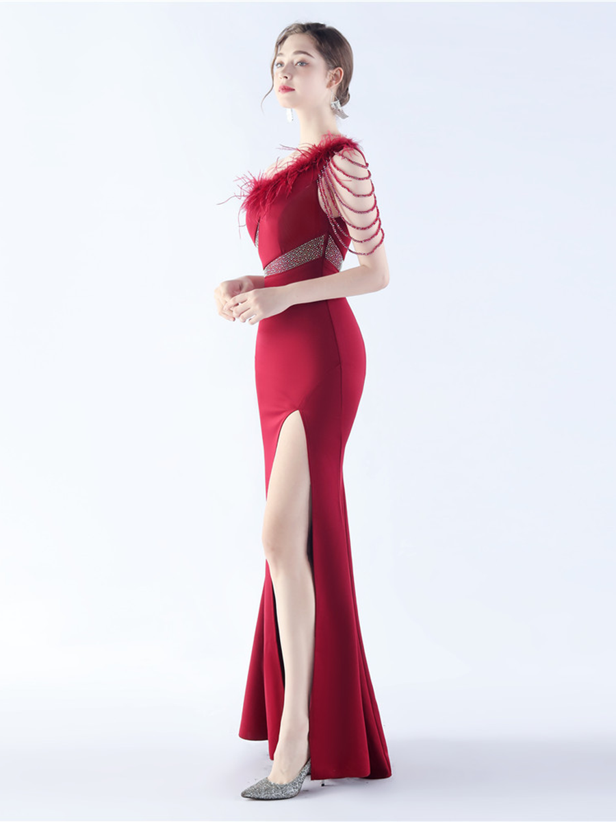 One Shoulder Beads Chain Feather Prom Dress