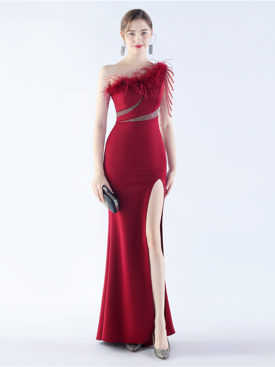One Shoulder Beads Chain Feather Prom Dress