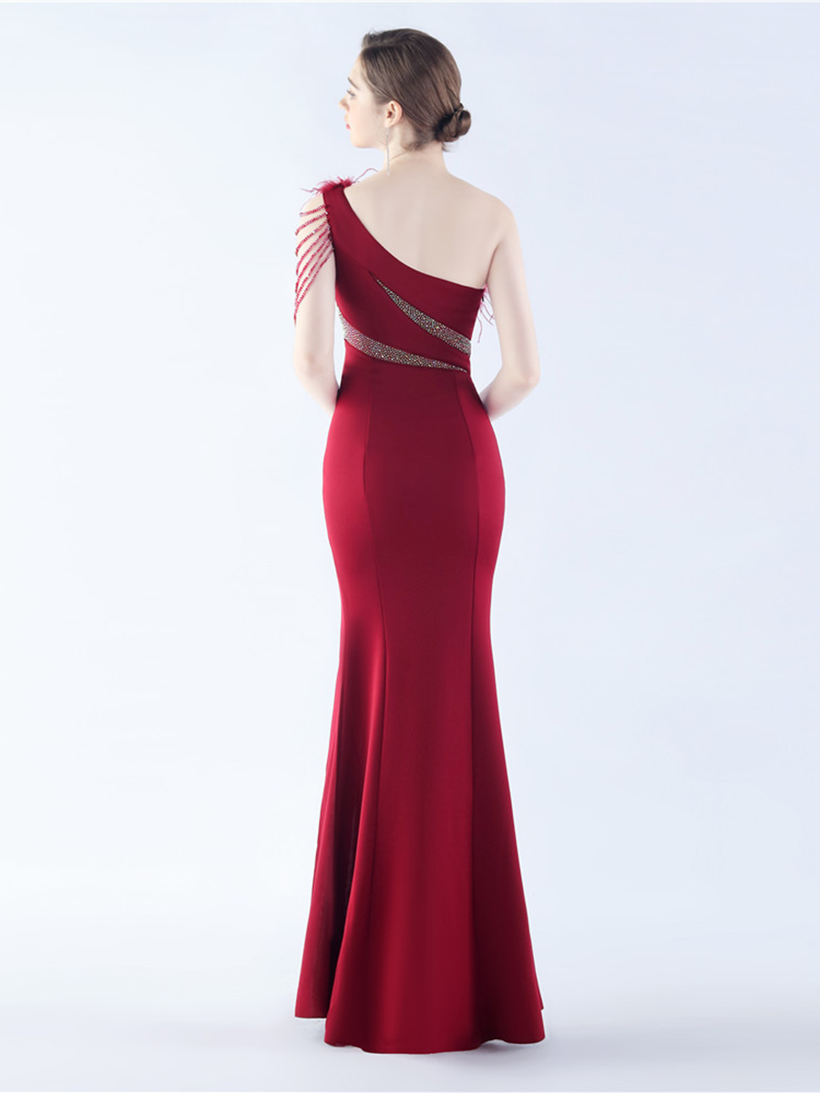 One Shoulder Beads Chain Feather Prom Dress