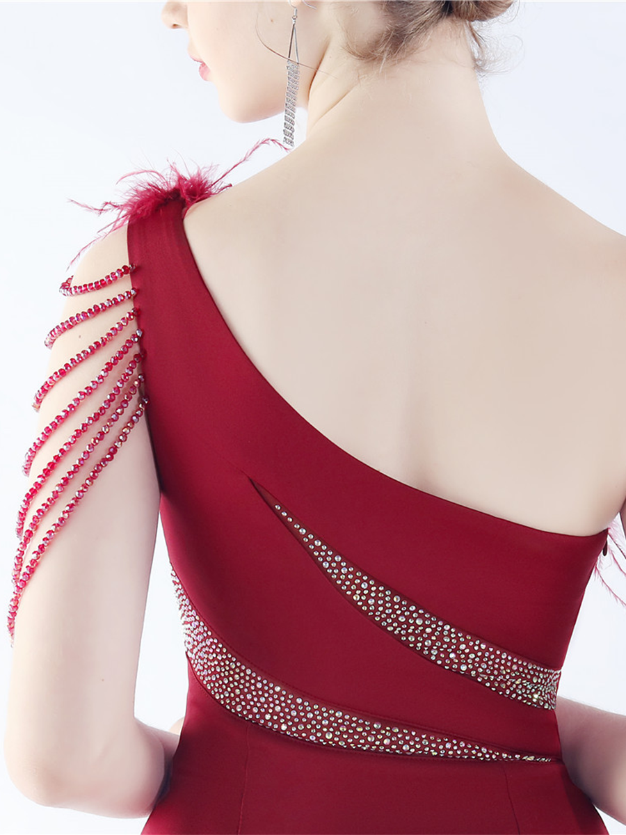 One Shoulder Beads Chain Feather Prom Dress