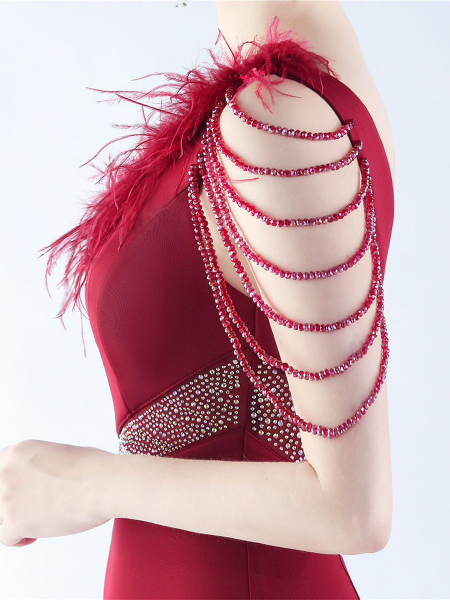 One Shoulder Beads Chain Feather Prom Dress