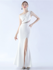 One Shoulder Beads Chain Feather Prom Dress