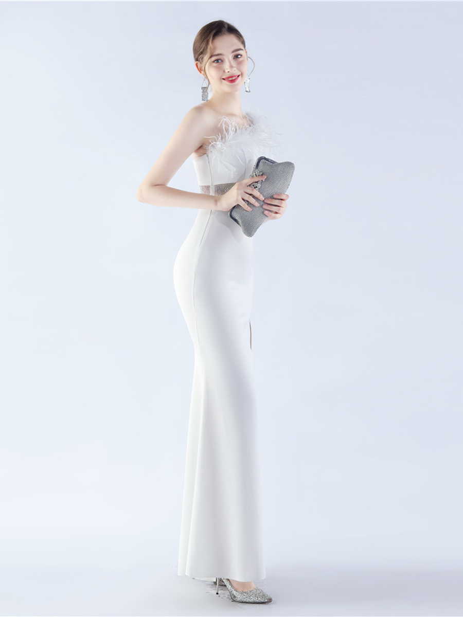 One Shoulder Beads Chain Feather Prom Dress