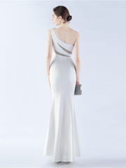 One Shoulder Beads Chain Feather Prom Dress