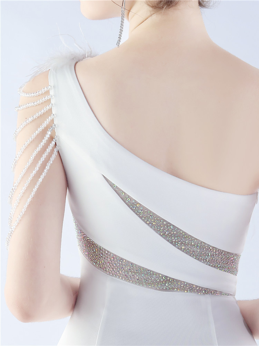 One Shoulder Beads Chain Feather Prom Dress