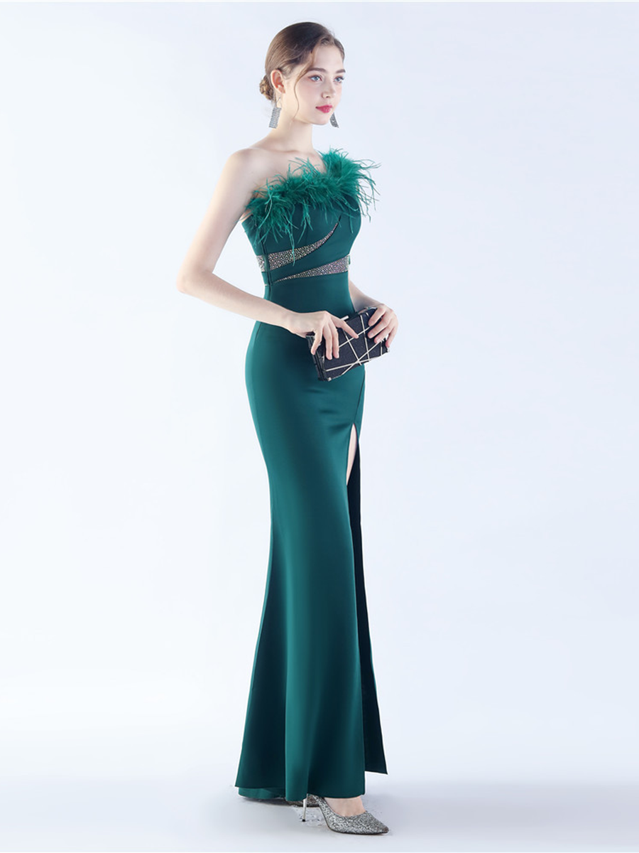 One Shoulder Beads Chain Feather Prom Dress
