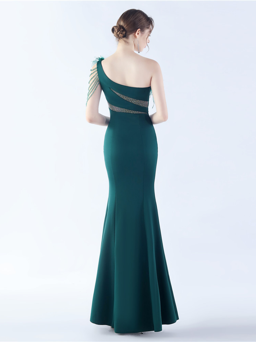 One Shoulder Beads Chain Feather Prom Dress