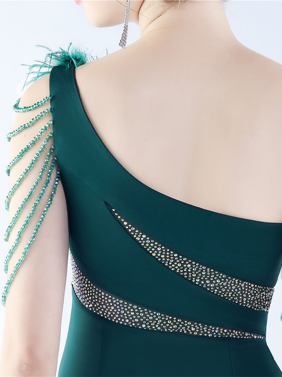 One Shoulder Beads Chain Feather Prom Dress