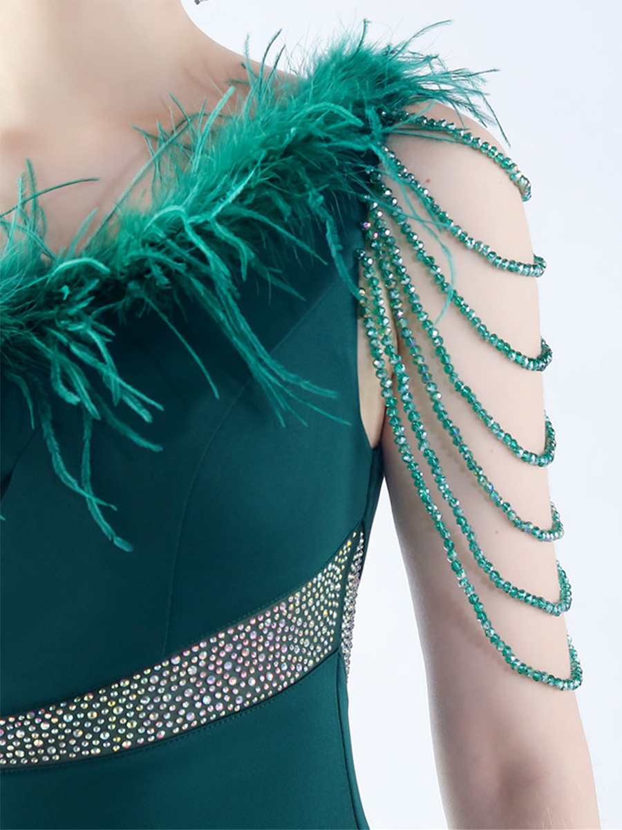 One Shoulder Beads Chain Feather Prom Dress
