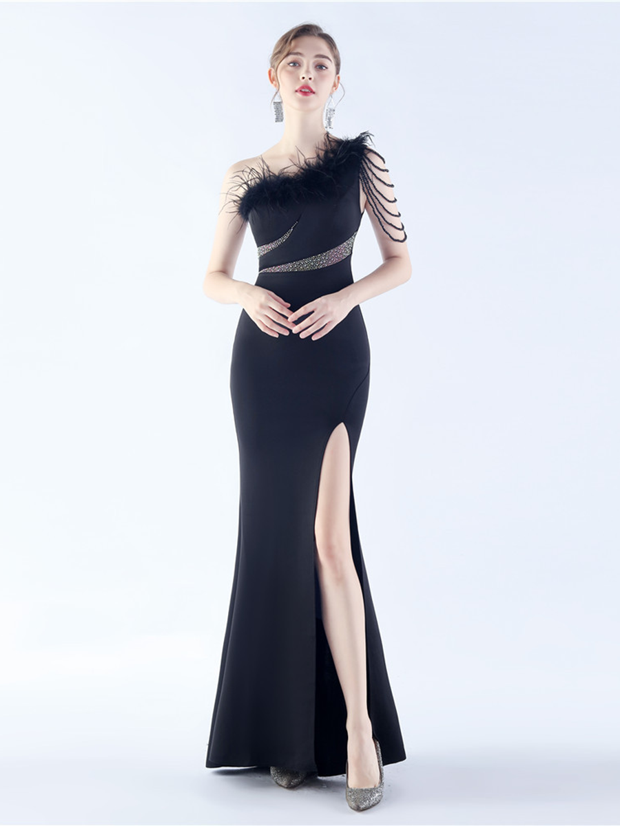 One Shoulder Beads Chain Feather Prom Dress