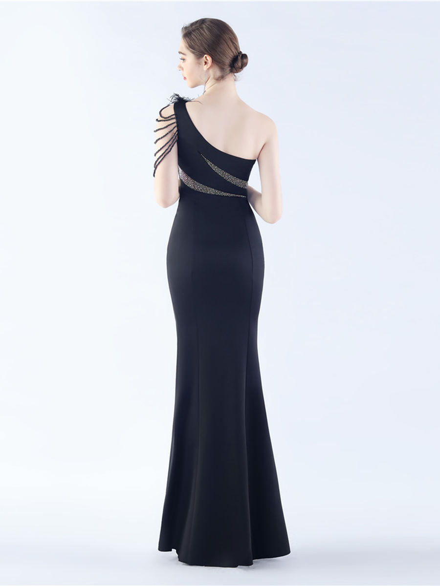 One Shoulder Beads Chain Feather Prom Dress