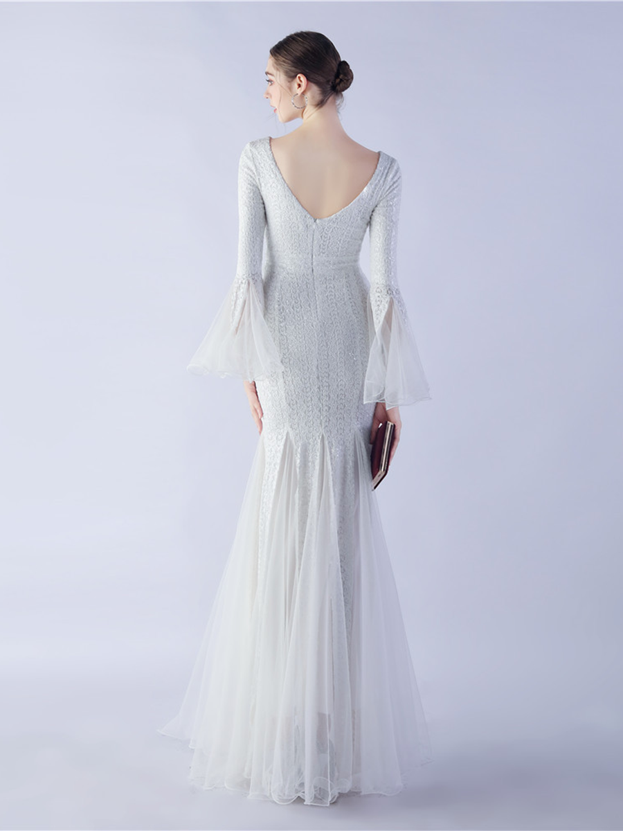 V-neck Panel Ruffle Backless Sequin Prom Dress