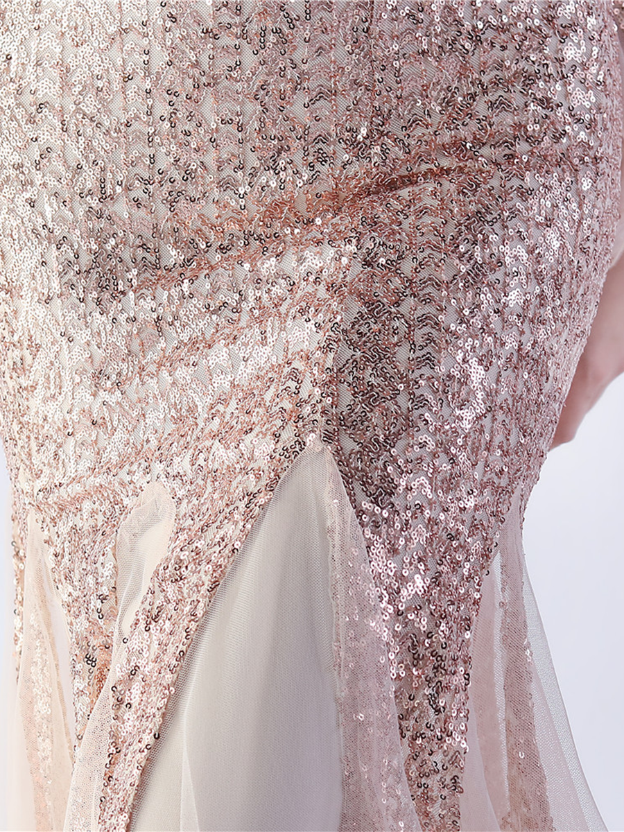 V-neck Panel Ruffle Backless Sequin Prom Dress
