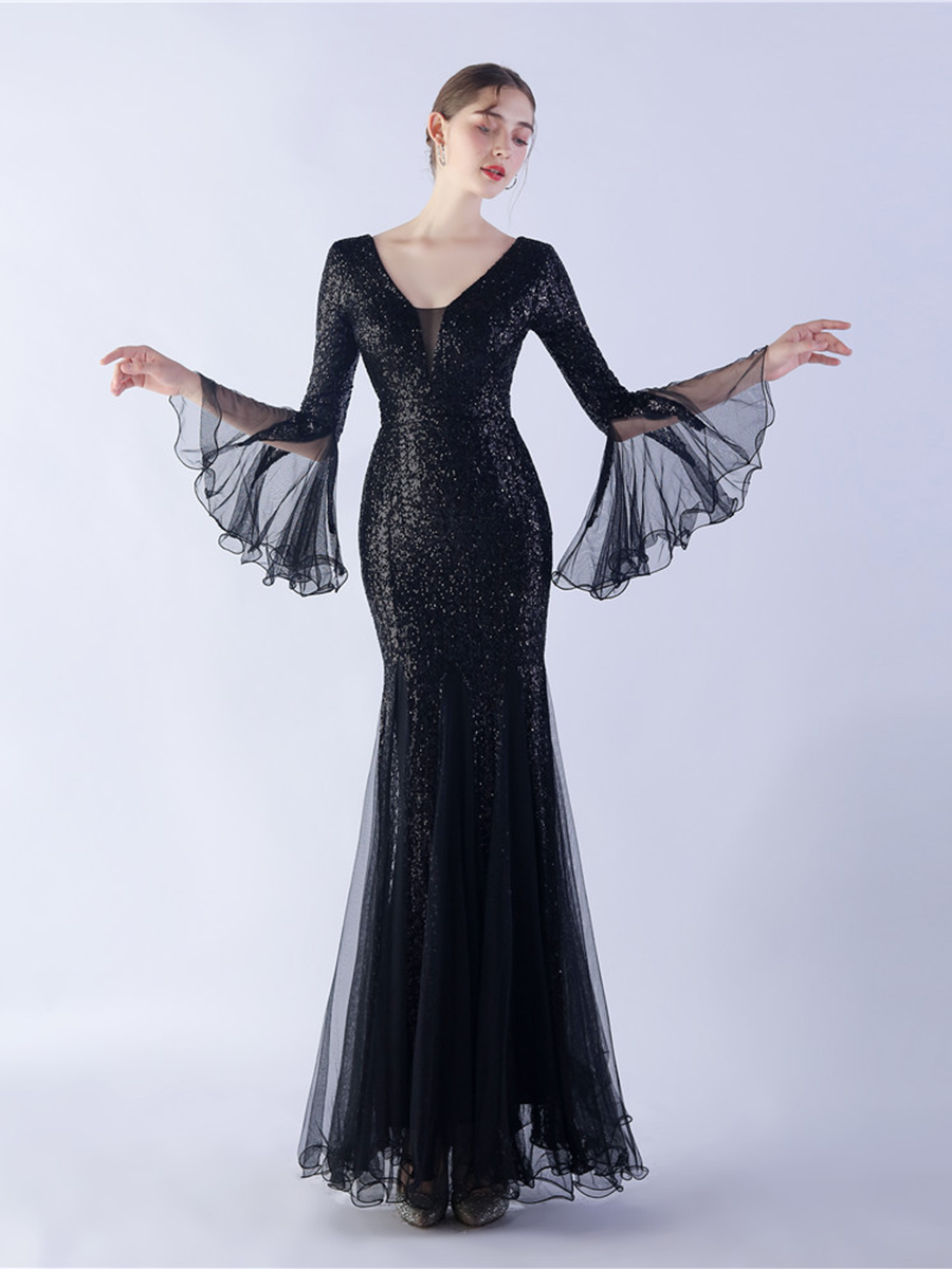 V-neck Panel Ruffle Backless Sequin Prom Dress