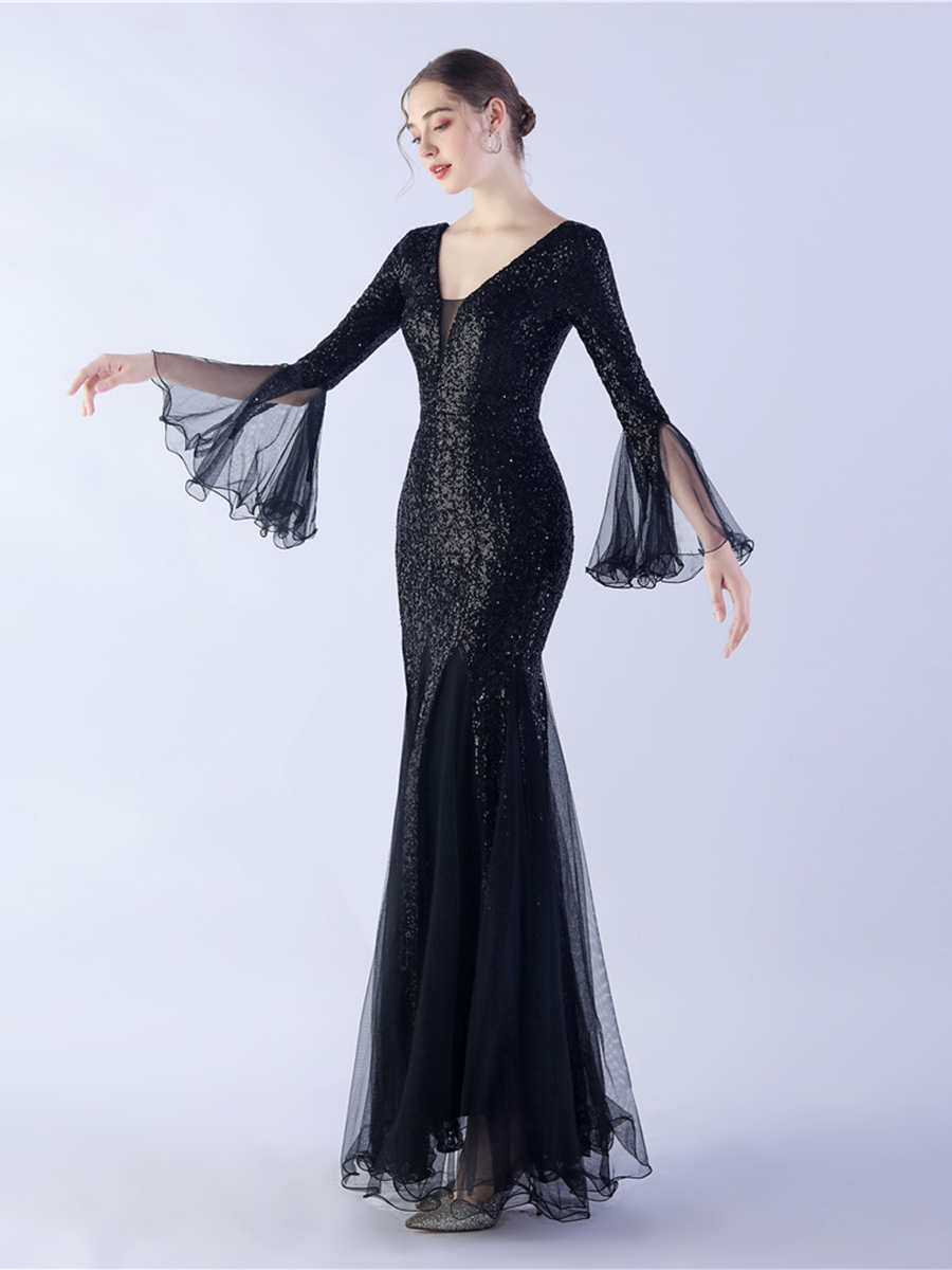 V-neck Panel Ruffle Backless Sequin Prom Dress