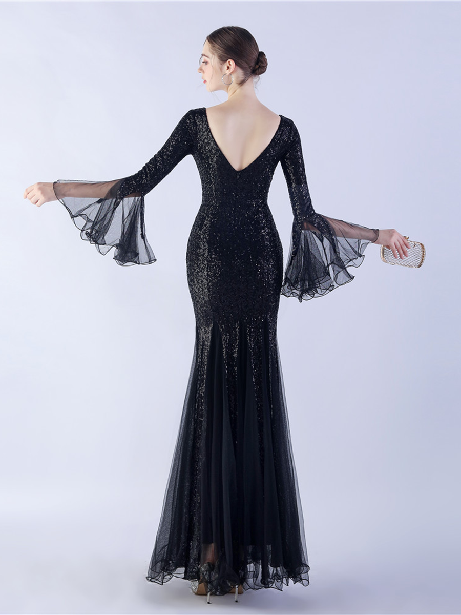 V-neck Panel Ruffle Backless Sequin Prom Dress
