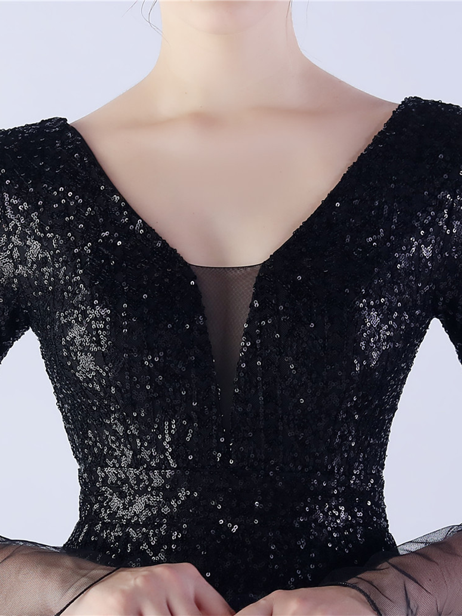 V-neck Panel Ruffle Backless Sequin Prom Dress