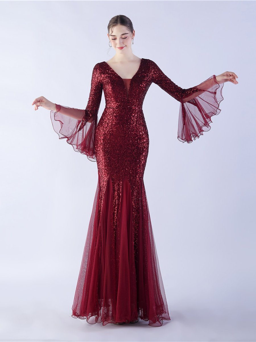 V-neck Panel Ruffle Backless Sequin Prom Dress
