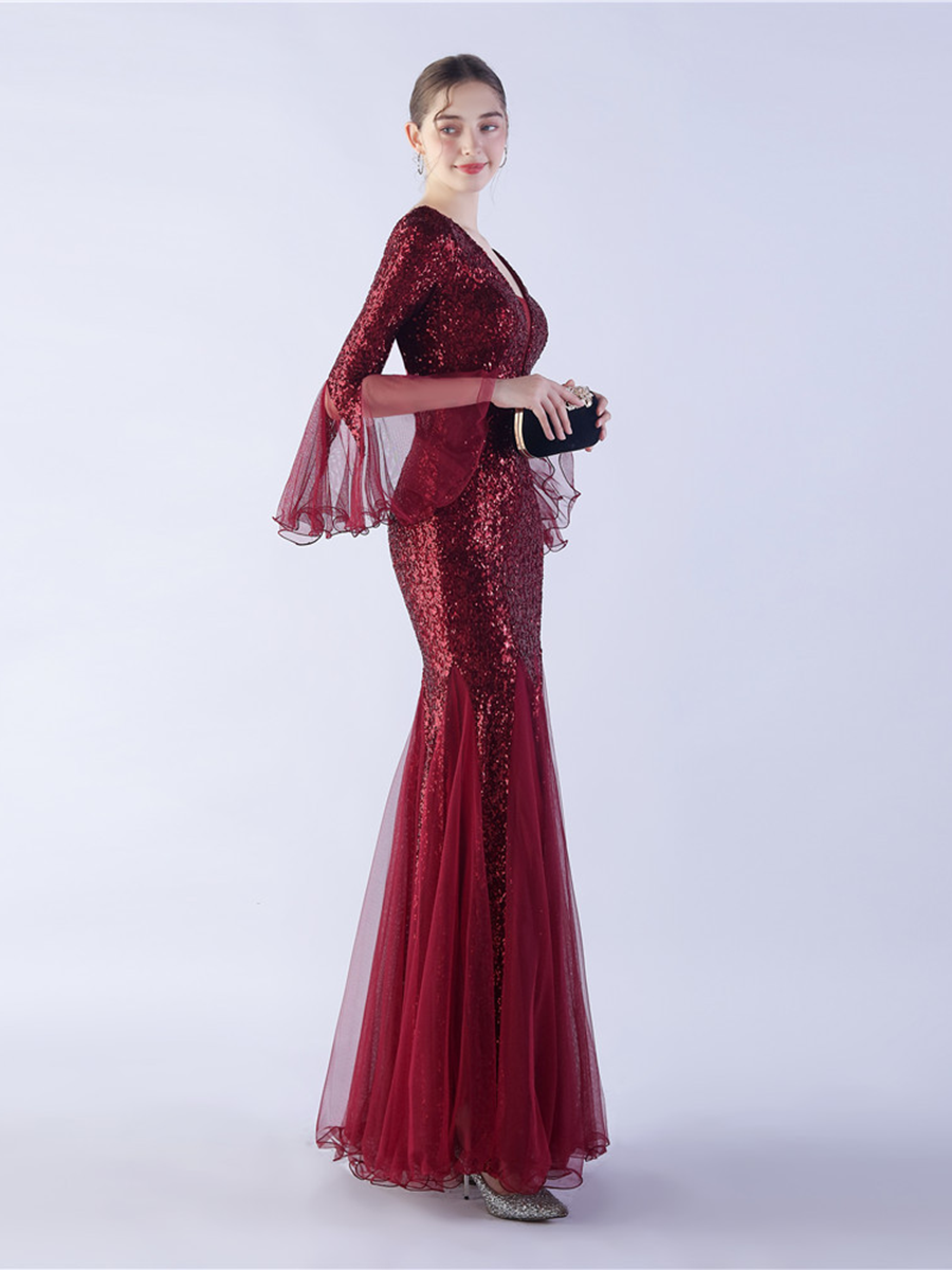 V-neck Panel Ruffle Backless Sequin Prom Dress