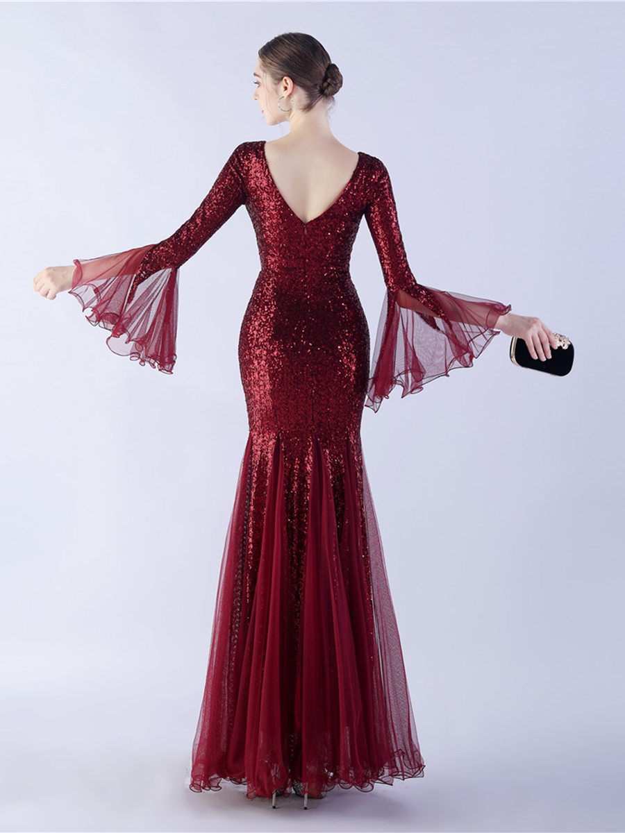 V-neck Panel Ruffle Backless Sequin Prom Dress