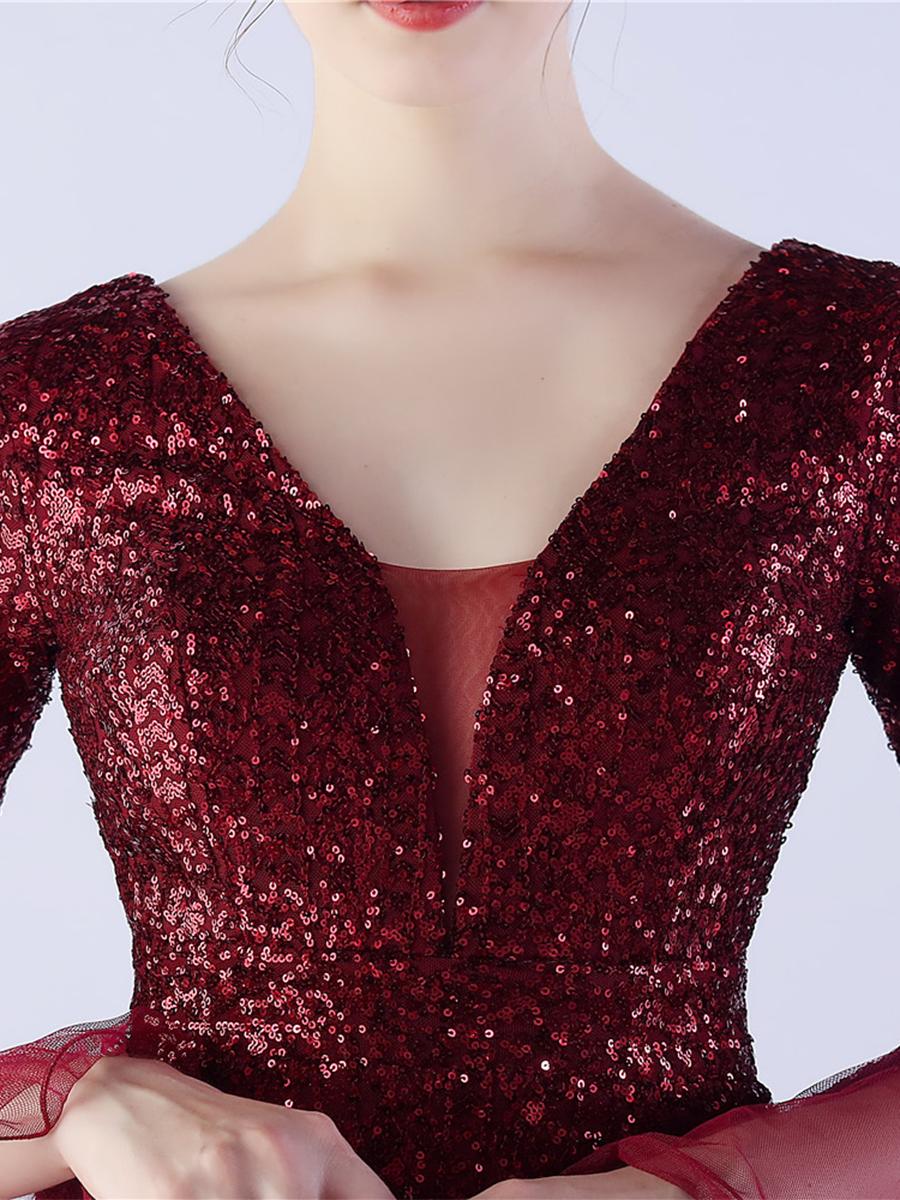 V-neck Panel Ruffle Backless Sequin Prom Dress