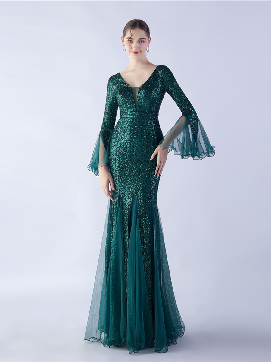 V-neck Panel Ruffle Backless Sequin Prom Dress