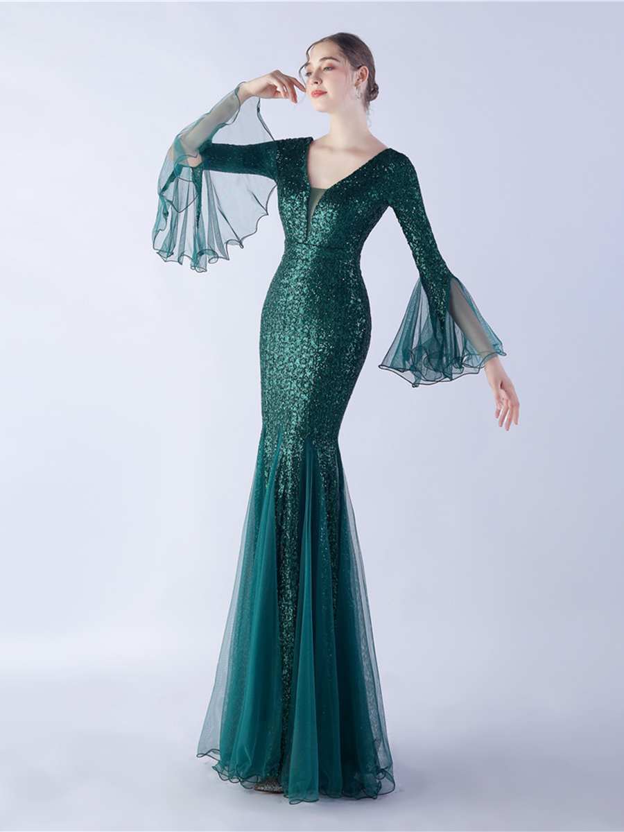 V-neck Panel Ruffle Backless Sequin Prom Dress