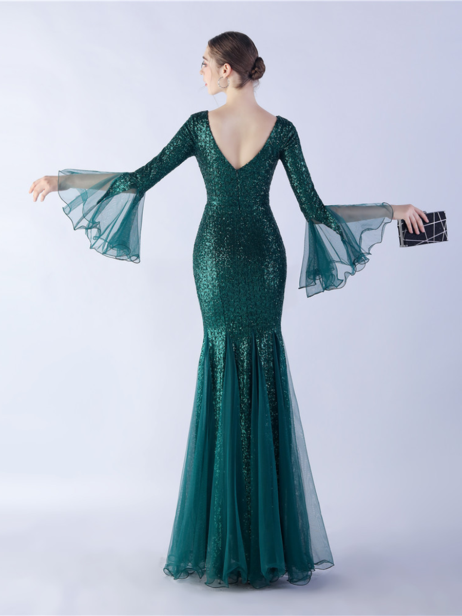 V-neck Panel Ruffle Backless Sequin Prom Dress