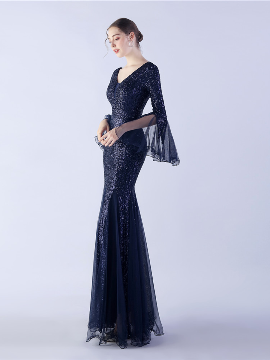 V-neck Panel Ruffle Backless Sequin Prom Dress