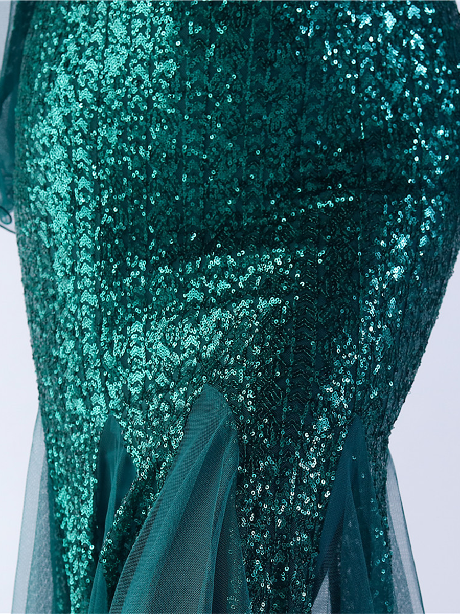 V-neck Panel Ruffle Backless Sequin Prom Dress
