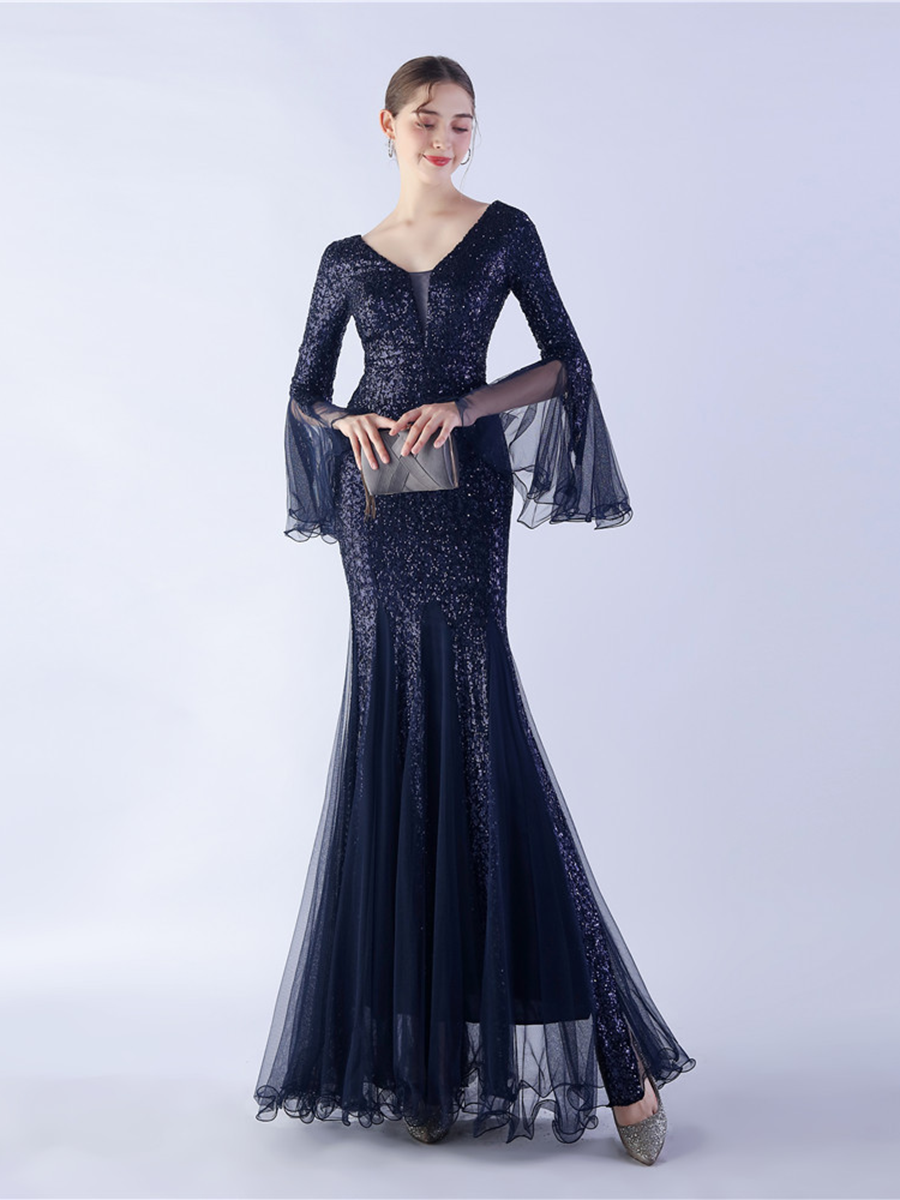V-neck Panel Ruffle Backless Sequin Prom Dress