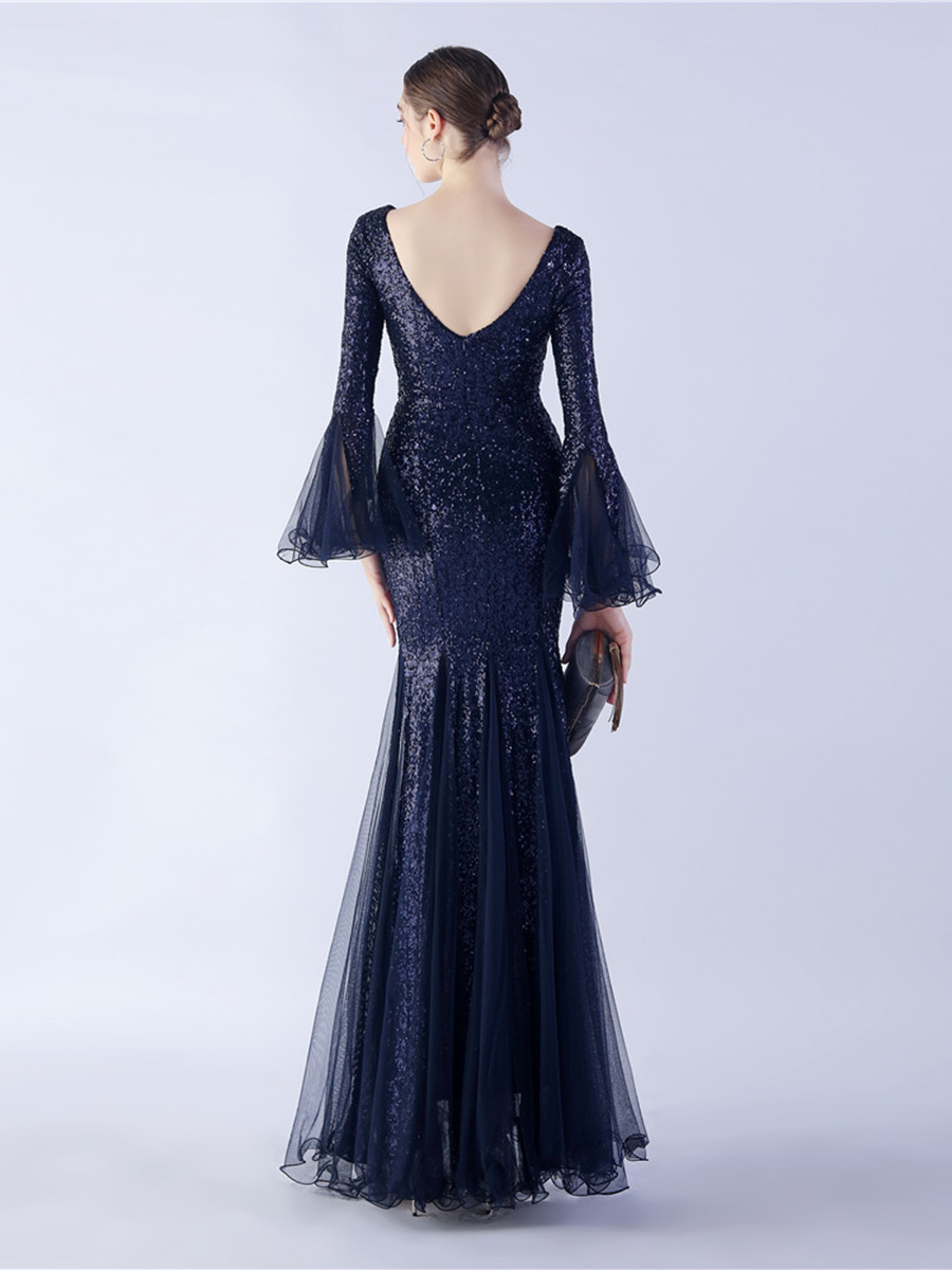 V-neck Panel Ruffle Backless Sequin Prom Dress