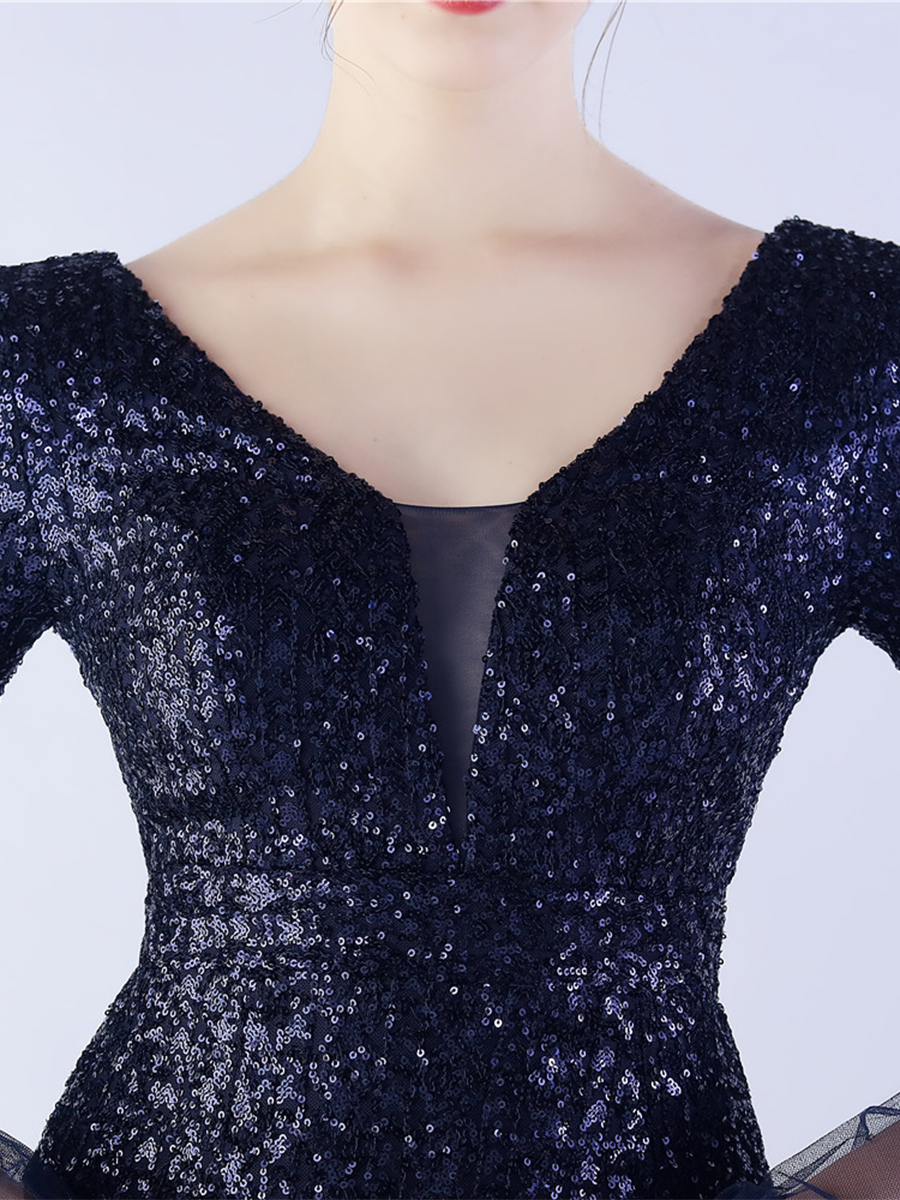V-neck Panel Ruffle Backless Sequin Prom Dress